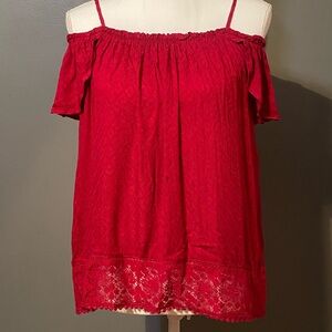 Burgundy Red Off-Shoulder Lace Trim Top
